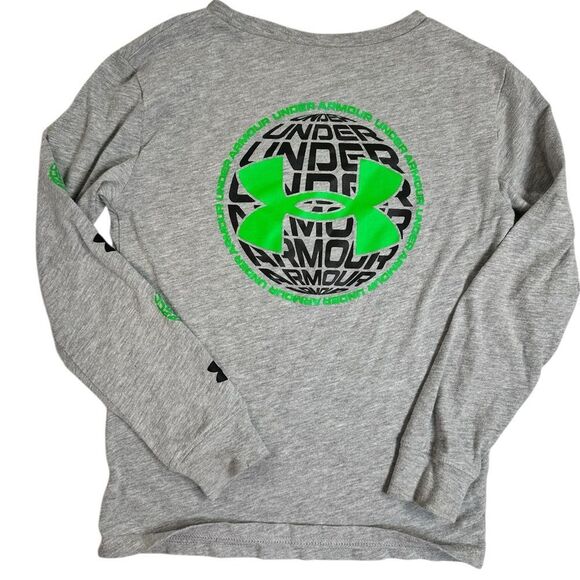 EUC Under Armour Boys Gray Long Sleeve Tee Shirt  Green Logo on Back - Size 7 - Picture 5 of 6